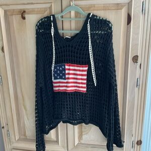 POL Black Open-Knit Hoodie with American Flag Patch & Cream Strings NWOT SZM $60